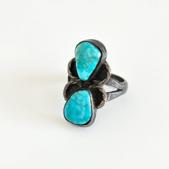 Vintage 925 Sterling Silver Turquoise Oxidized Darkened Band Ring Size 5.5 - Picture 2 of 8